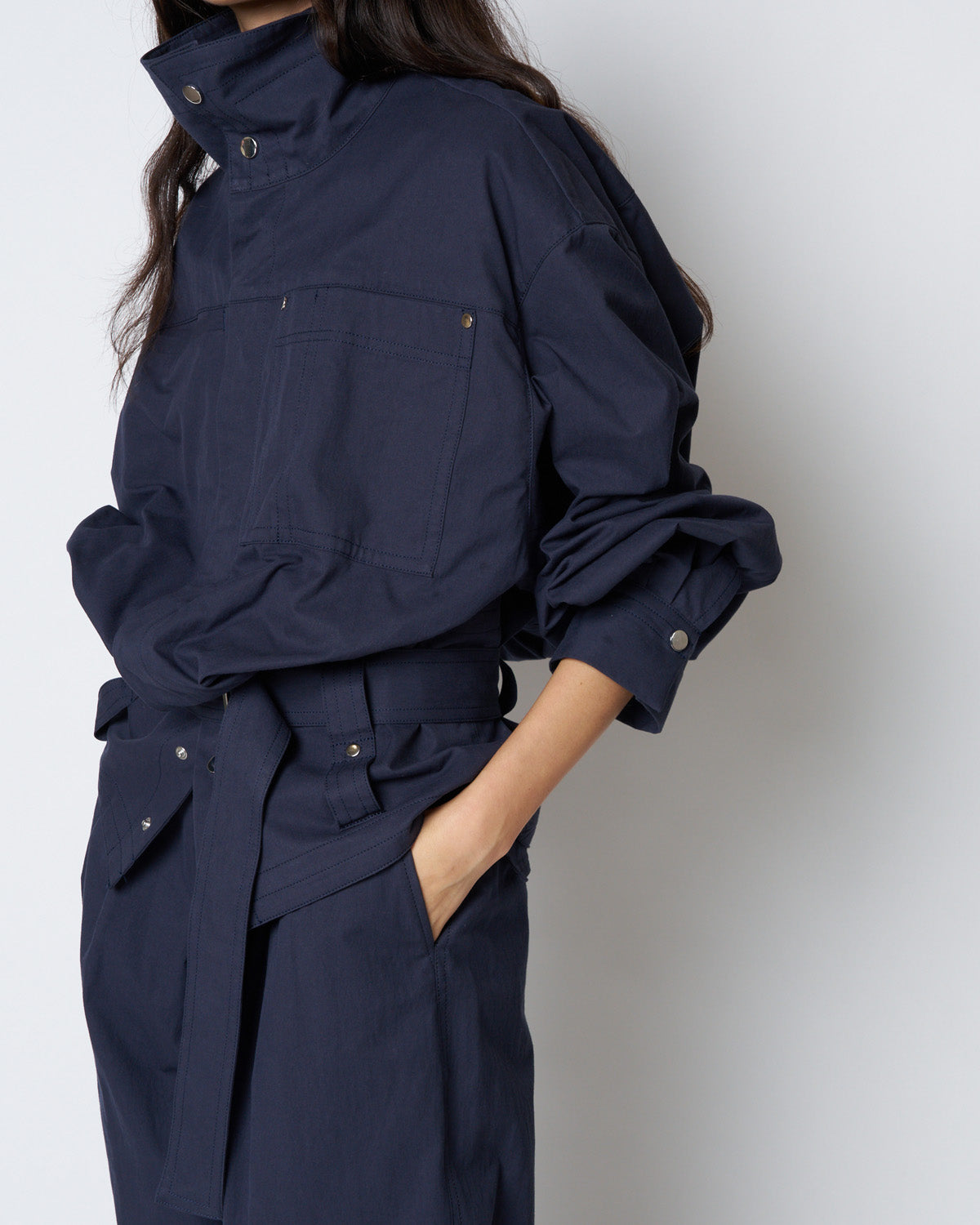 【PRE ORDER】PEGGY - STAND COLLAR BELTED COTTON JACKET