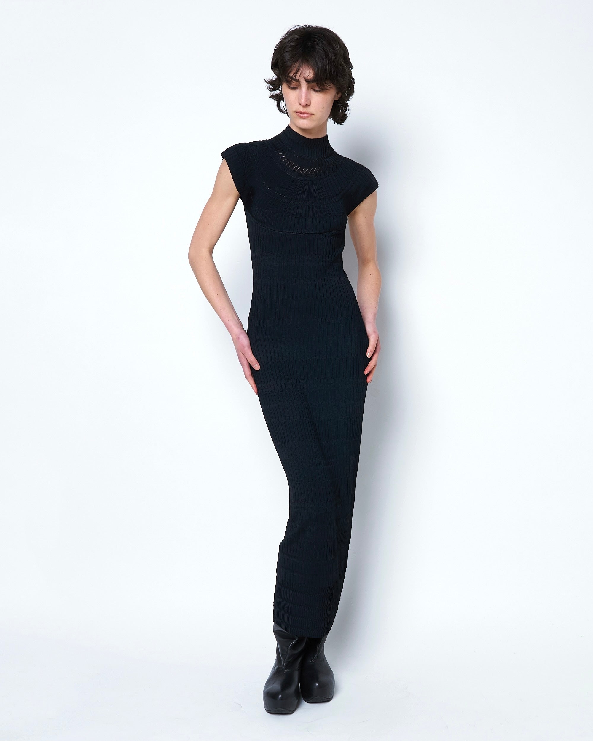 OBSIDIAN - FINE LACE PATTERN HIGH NECK KNIT DRESS