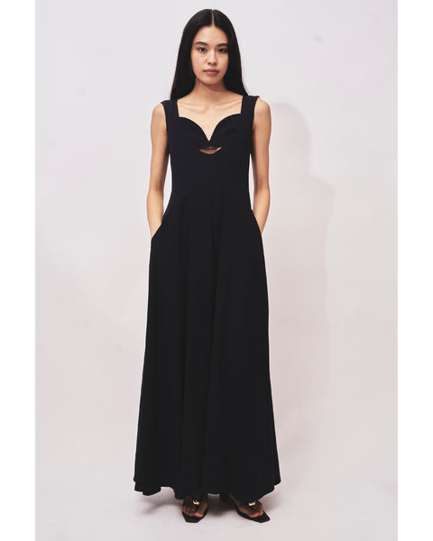 INES - BACK SATIN FLARE DRESS