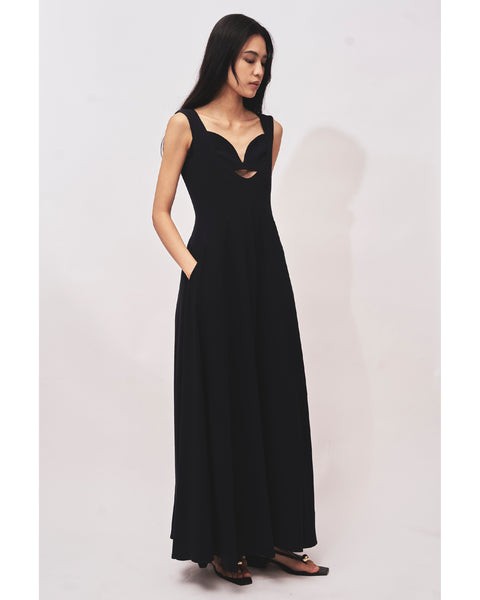 INES - BACK SATIN FLARE DRESS