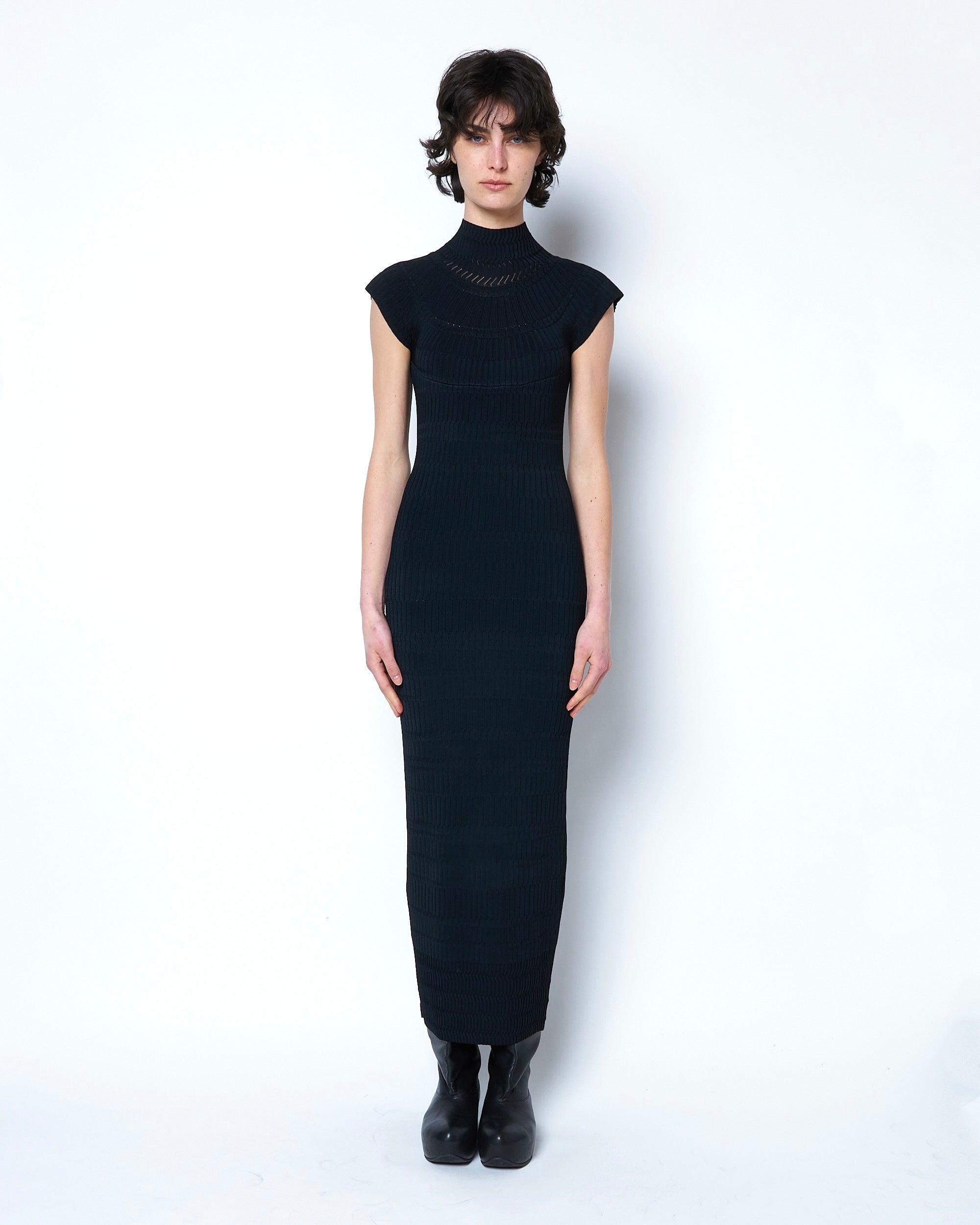 OBSIDIAN - FINE LACE PATTERN HIGH NECK KNIT DRESS