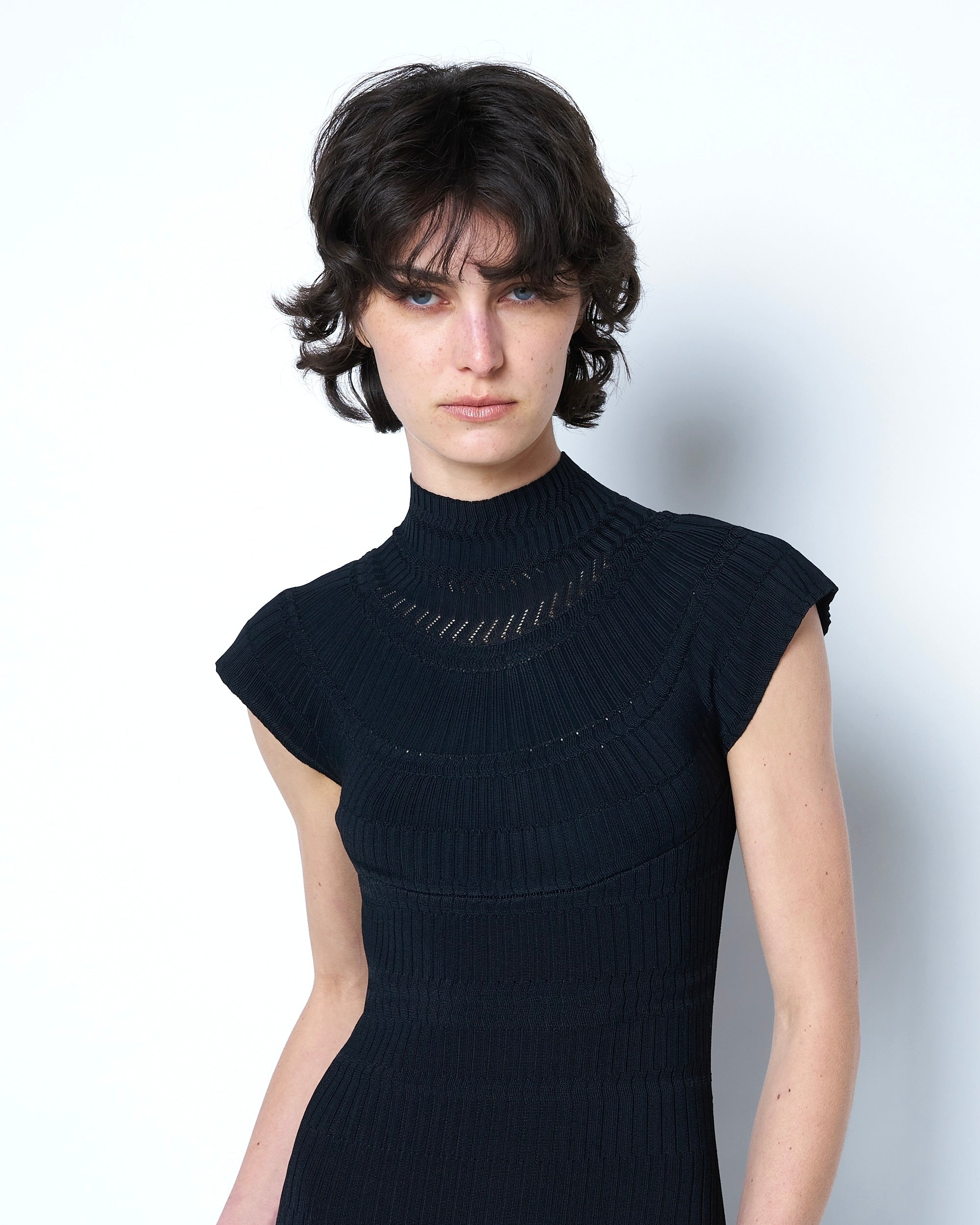 OBSIDIAN - FINE LACE PATTERN HIGH NECK KNIT DRESS