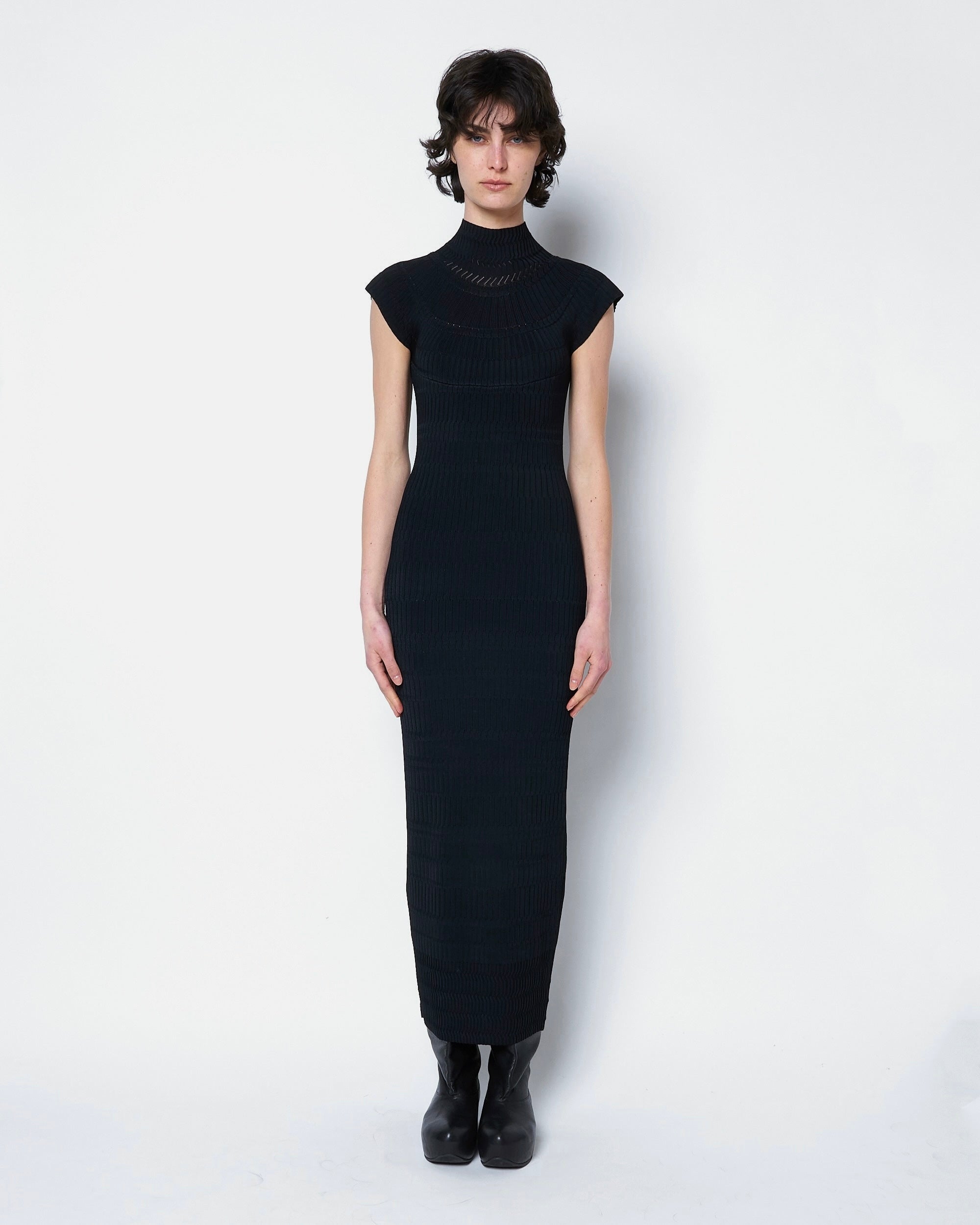 OBSIDIAN - FINE LACE PATTERN HIGH NECK KNIT DRESS