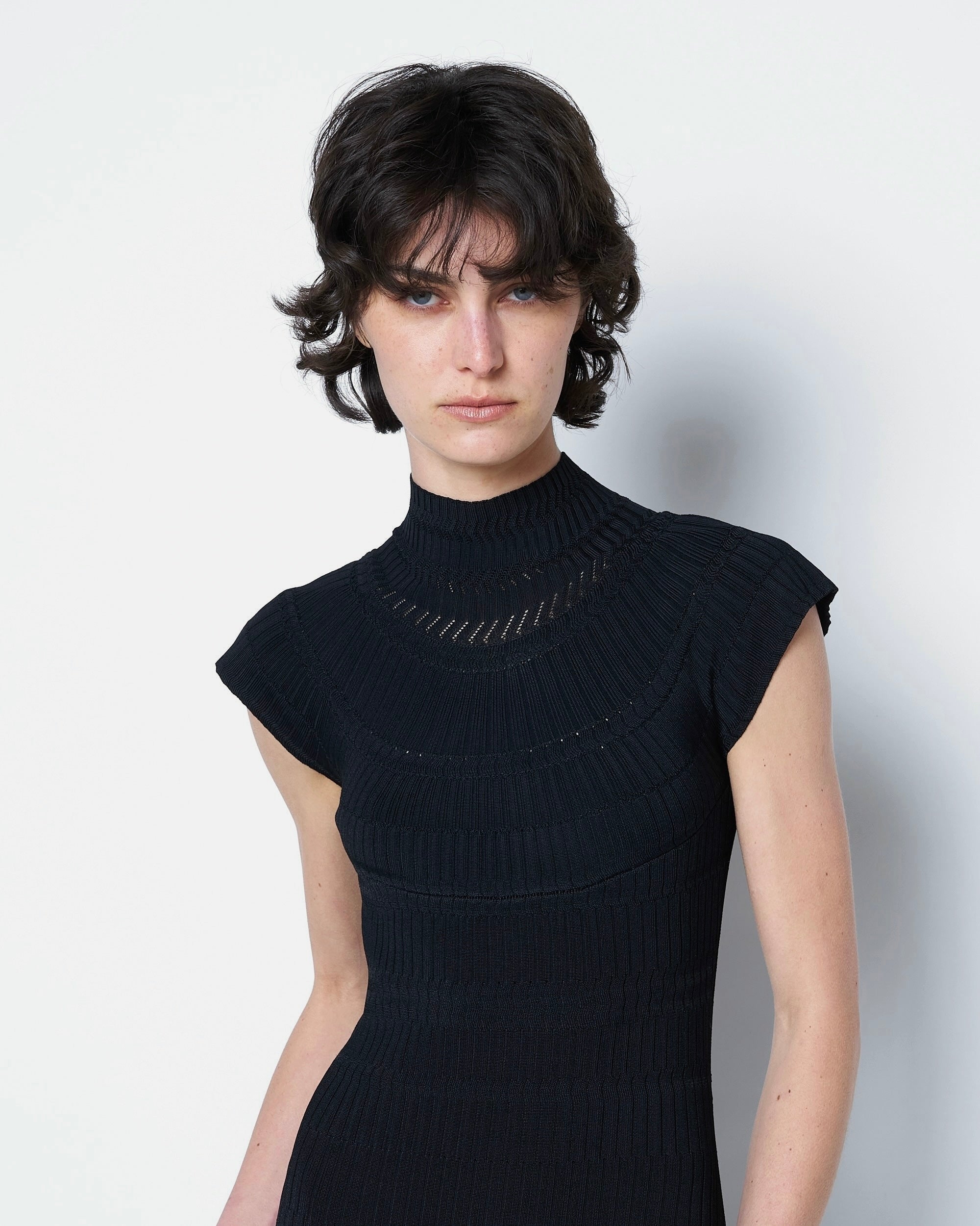 OBSIDIAN - FINE LACE PATTERN HIGH NECK KNIT DRESS