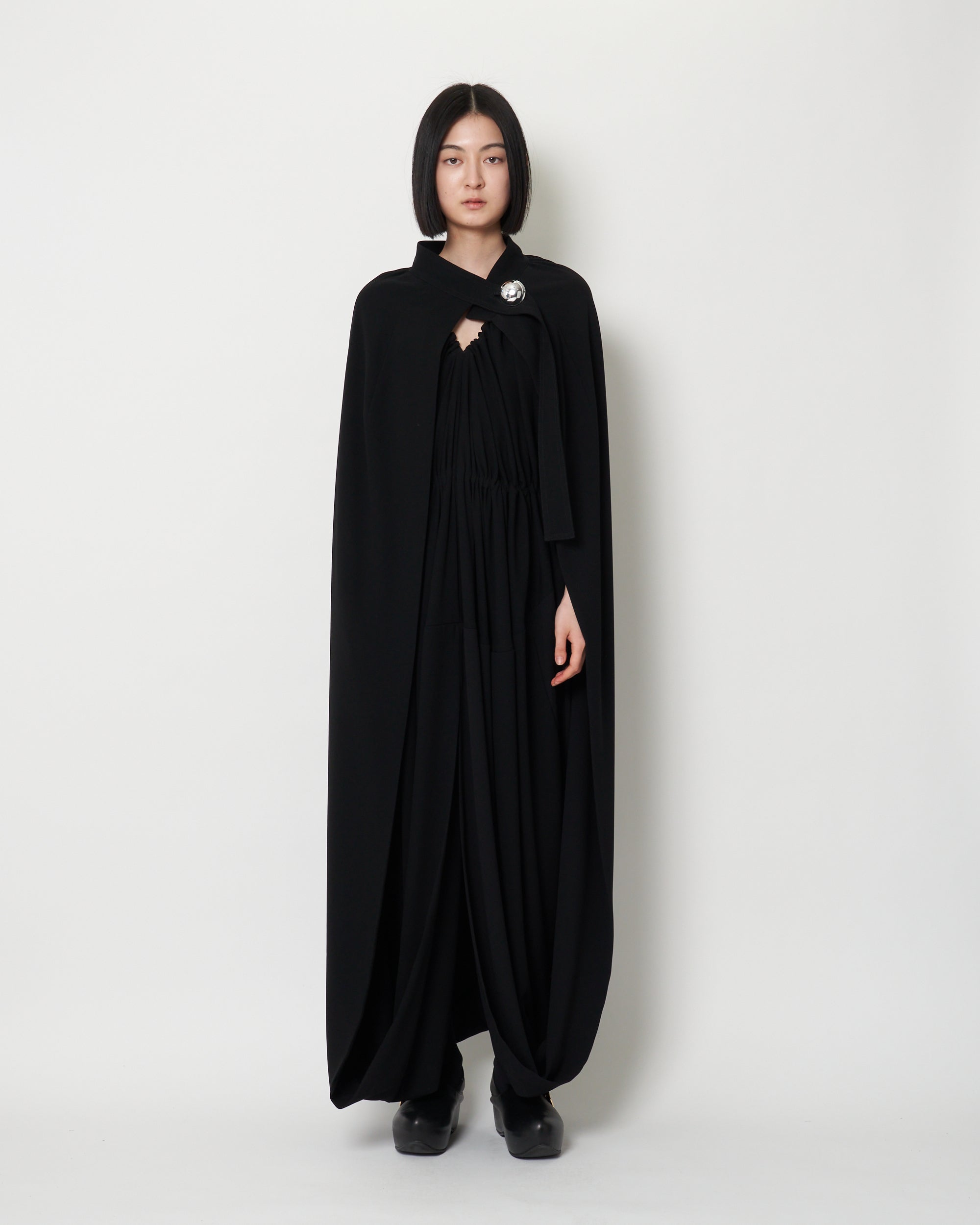 KARLINE- TRIACETATE BACK SATIN CAPE DRESS - BLACK