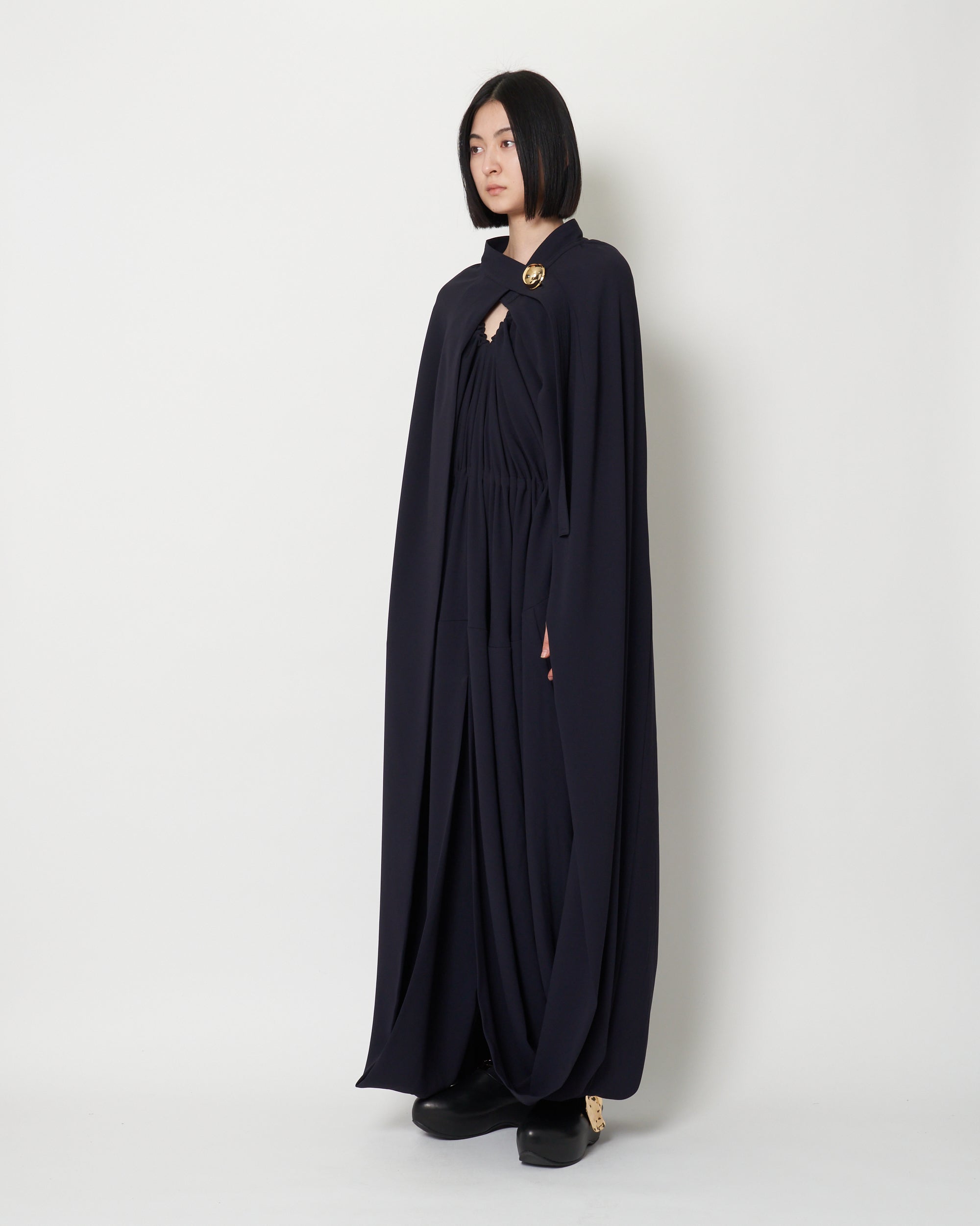 KARLINE- TRIACETATE BACK SATIN CAPE DRESS - BLACK