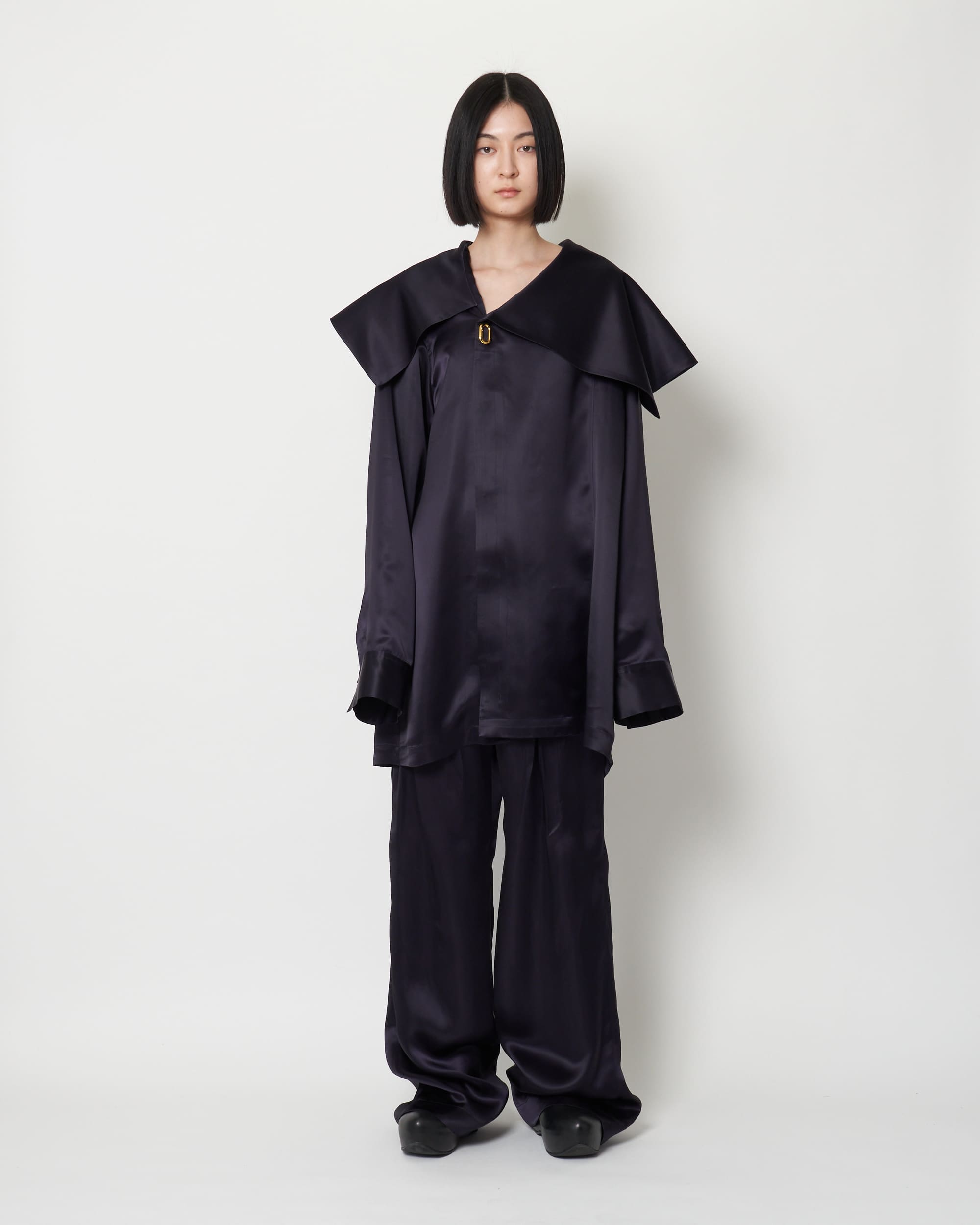 HARUNOBUMURATA / ハルノブムラタ | N.KIRSTIN CUPRA SATIN ASYMMETRY COLLAR SHIRT シャツ | 34 | ネイビー | レディース KIRSTIN - CUPRA SATIN ASYMMETRY COLLAR SHIRT – HARUNOBUMURATA