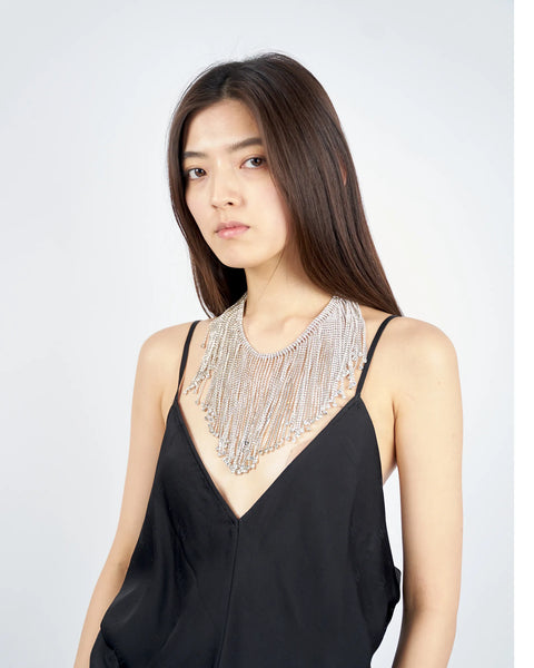 STRASS FRINGE NECKLACE LONG - SILVER